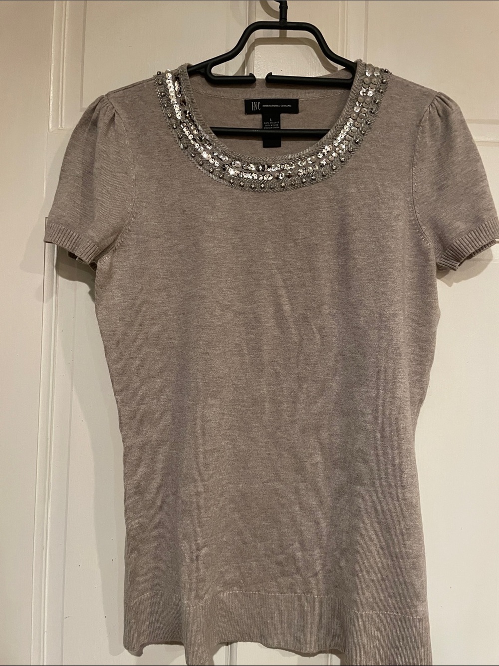 INC International Concepts Taupe Short Sleeve Knit Top with Sequin Trim